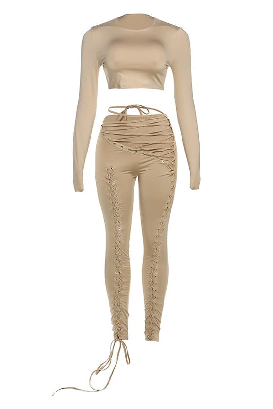 Long Sleeve Crop Top and Lace-Up Pants Set