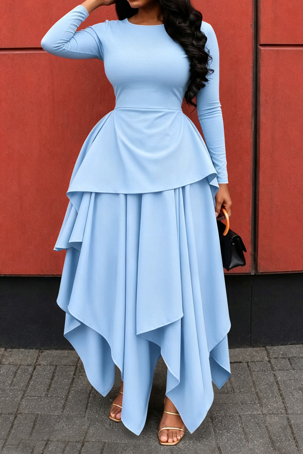 Long-Sleeve Ruffle Hem High-Low Dress