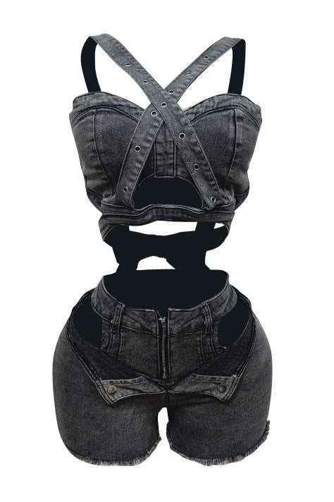 Denim Top & Cut Out Shorts Set