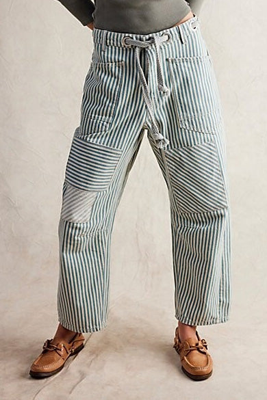 Loose Casual Striped Wide Leg Drawstring Trousers