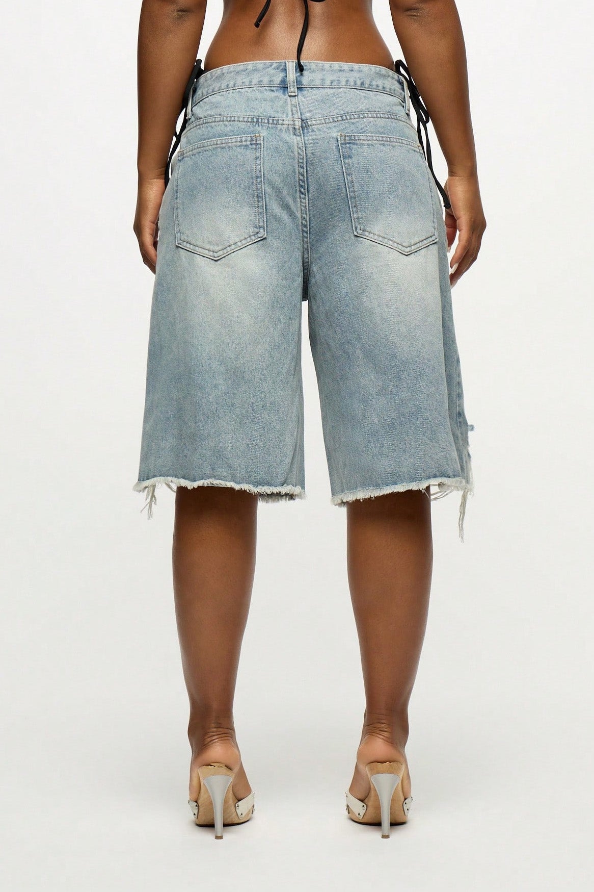 Oversized Grommet Distressed Long Shorts
