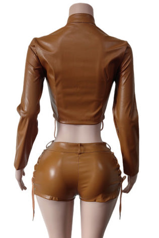 Lace-Up Faux Leather Jacket & Shorts Set