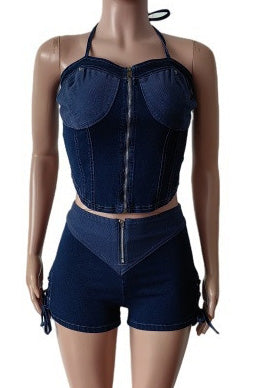 Fashion Straps Denim Set - Casual Shorts