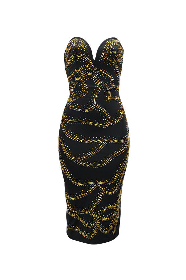 Strapless Rhinestone Bodycon Midi Dress