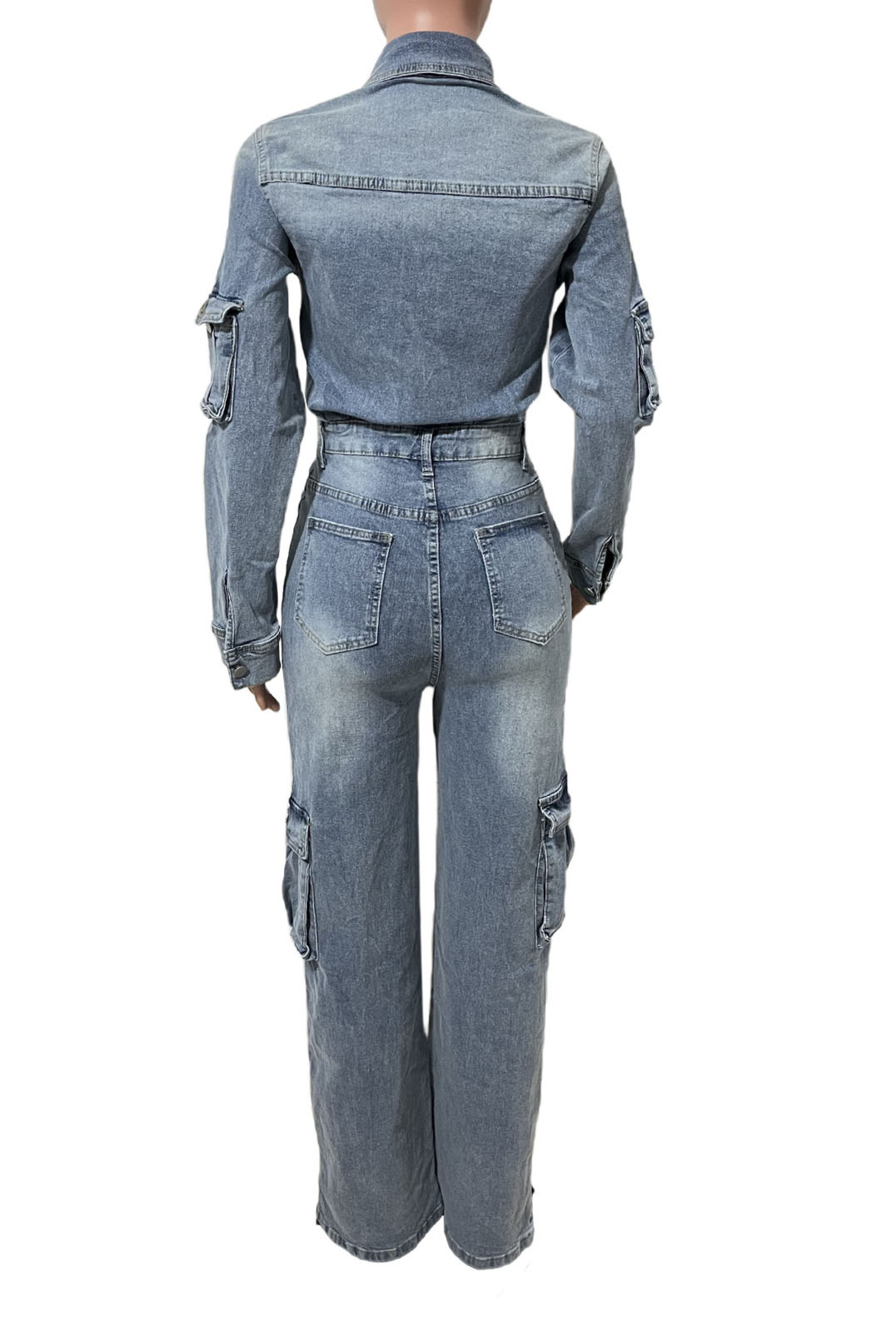 Washed Denim Utility Wide Leg Jumpsuit