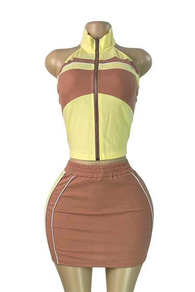 Colorblock Halter Zip Skirt Set