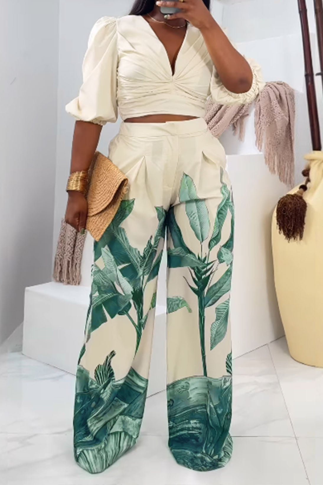 Printed V-Neck Wide-Leg Pants Set