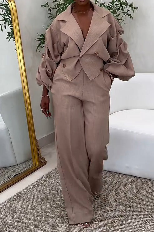 Casual Big Collar Ruched Sleeve Top & Pants Set