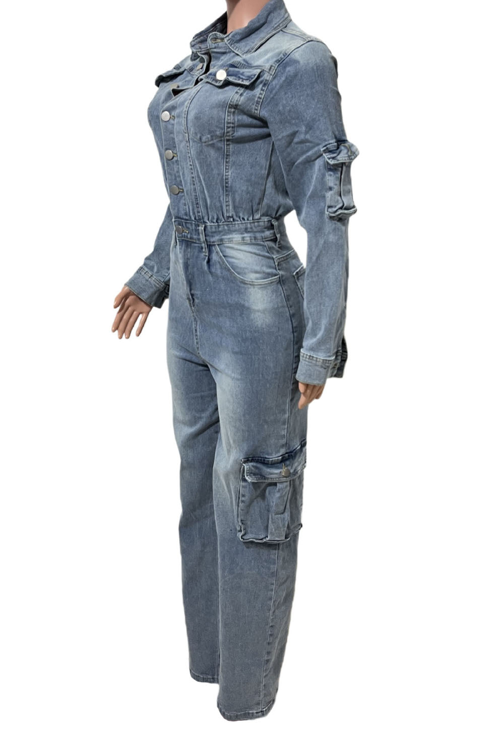 Washed Denim Utility Wide Leg Jumpsuit