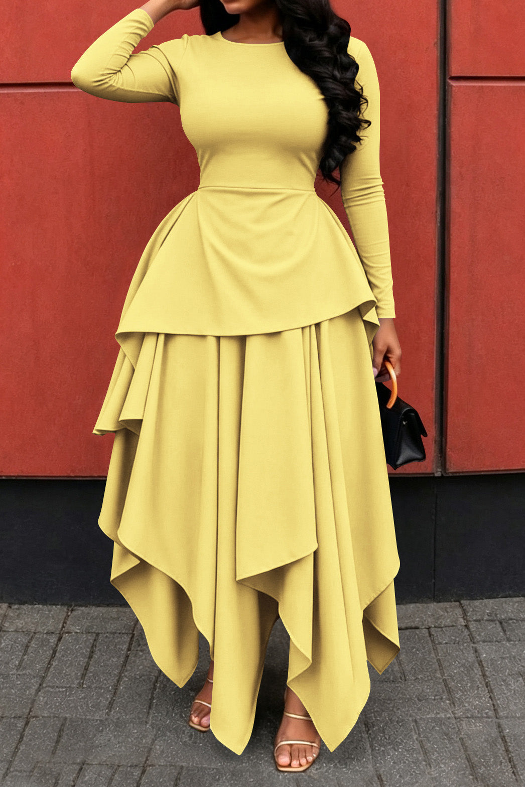 Long-Sleeve Ruffle Hem High-Low Dress