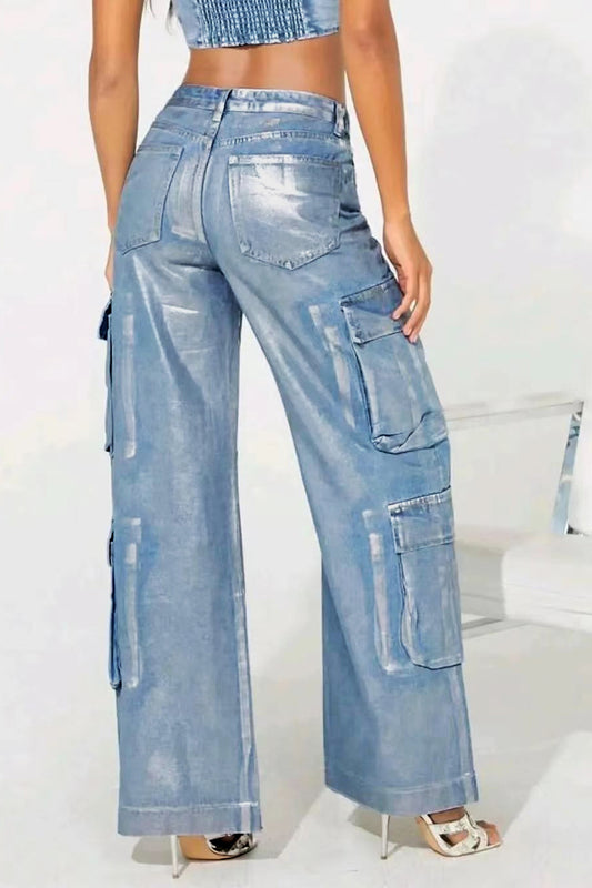 Hot Silver Elastic Cargo Jeans