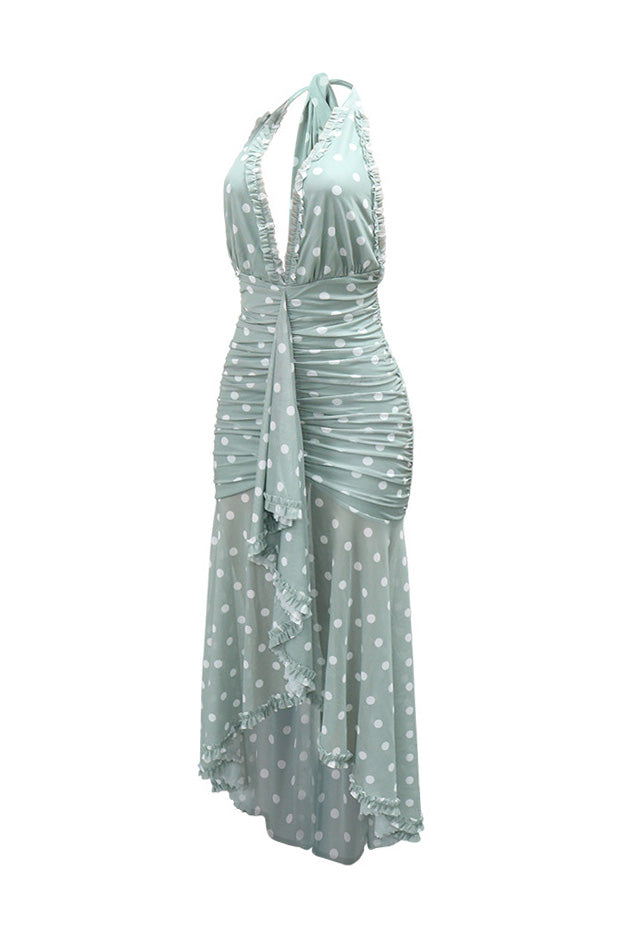 Plunging Halter Ruched Ruffle Maxi Dress