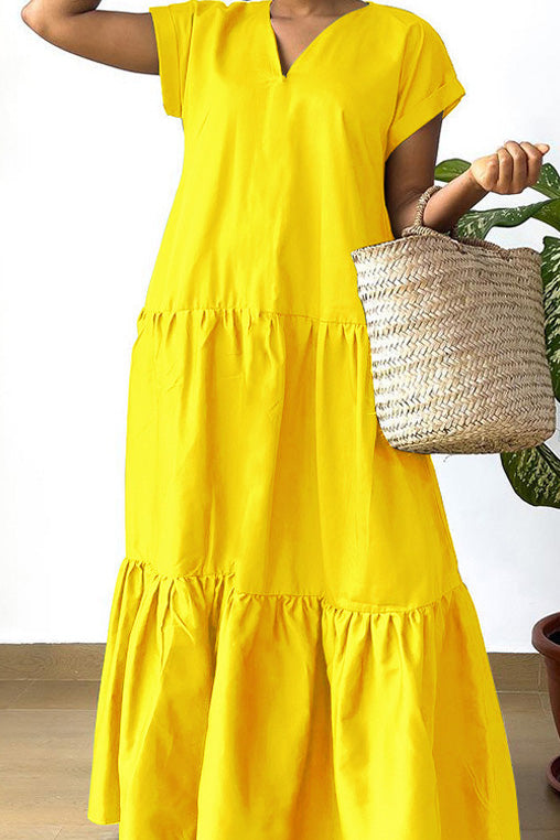 V-Neck Tiered Flowy Smock Maxi Dress