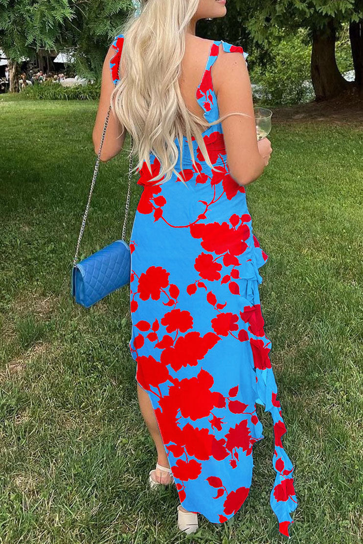 Long Strapless Dress With Slits and Tropical Print