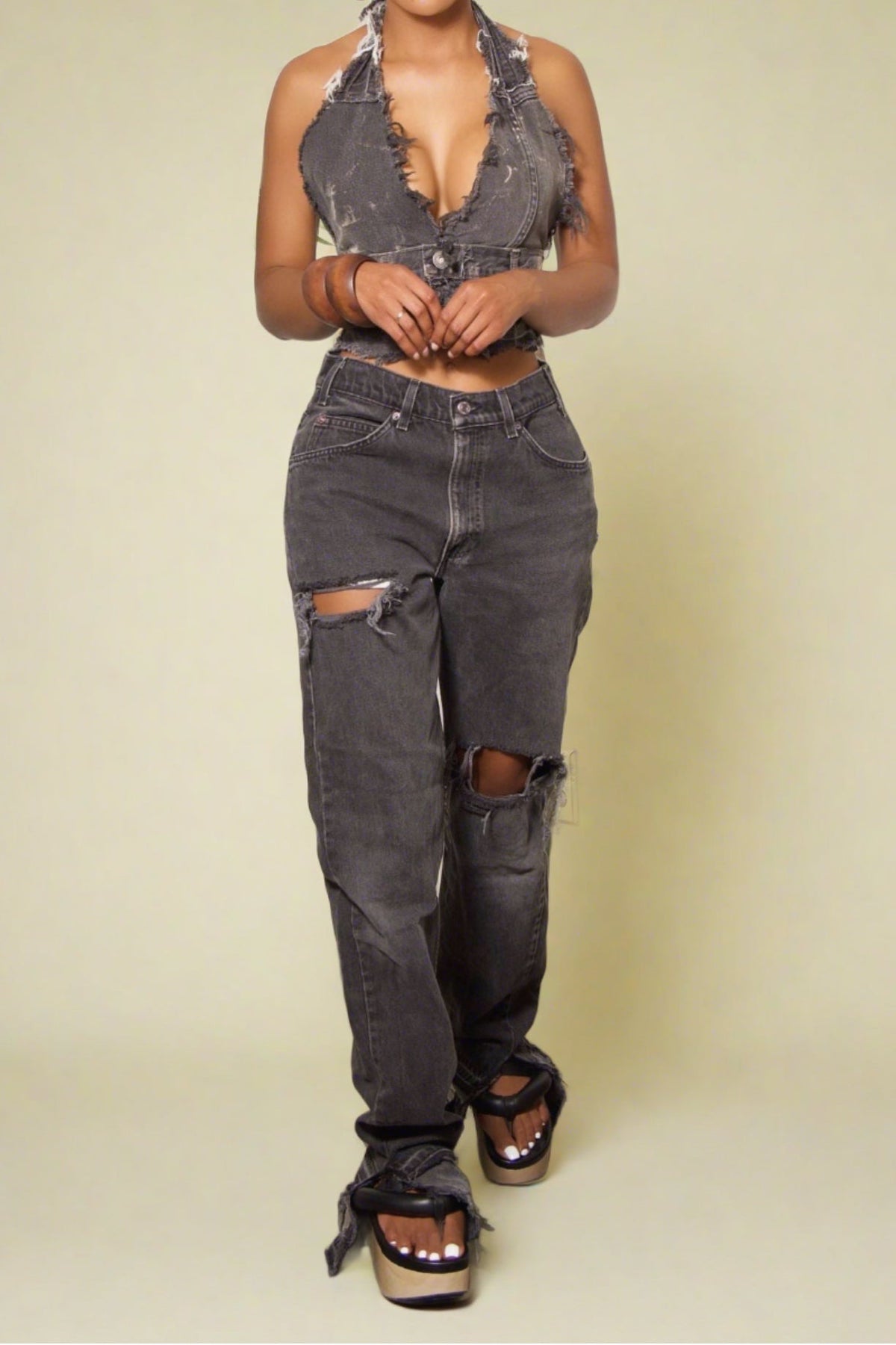 Frayed Tie Halter Denim Vest