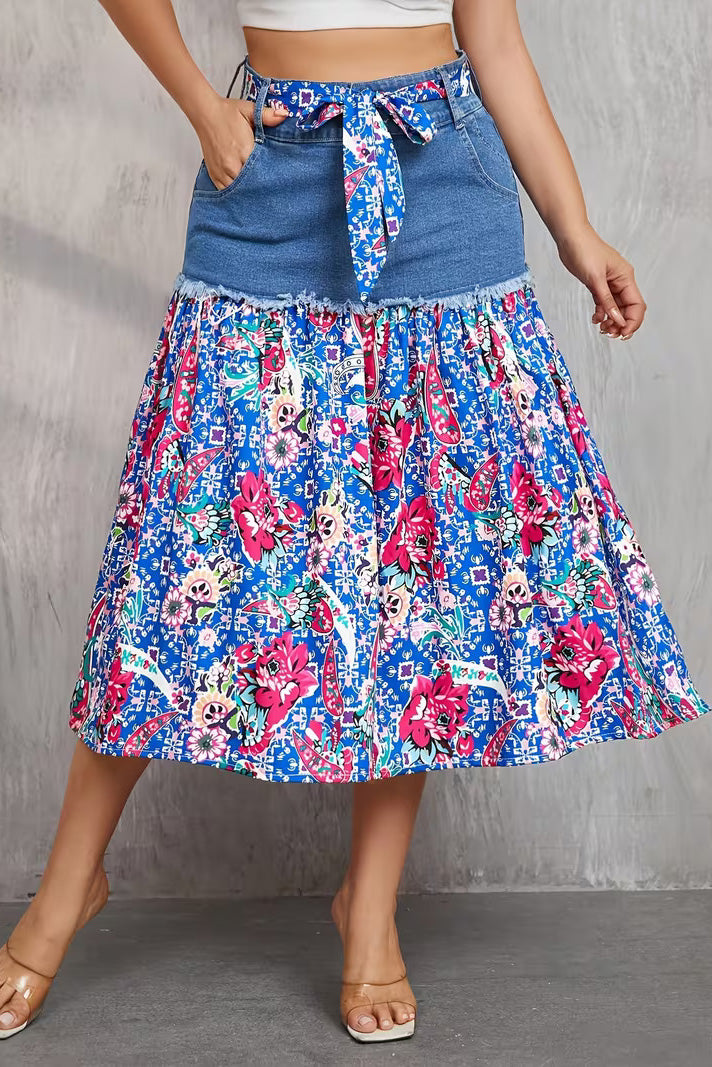 Frayed Denim Patchwork Boho Midi Skirt