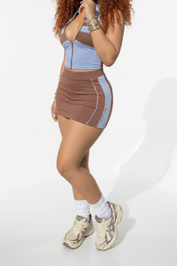 Colorblock Halter Zip Skirt Set