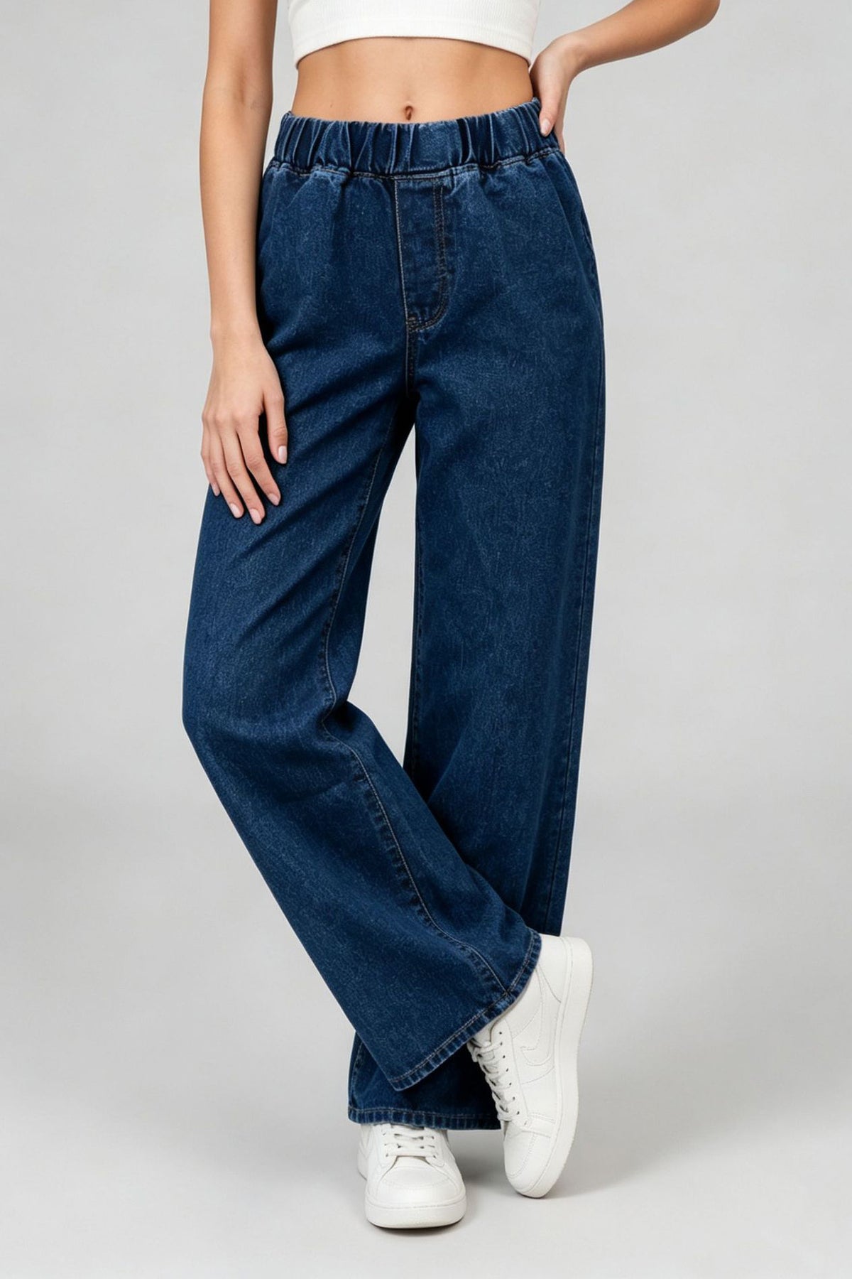 Elastic Waist Non-Stretch Wide Leg Jeans