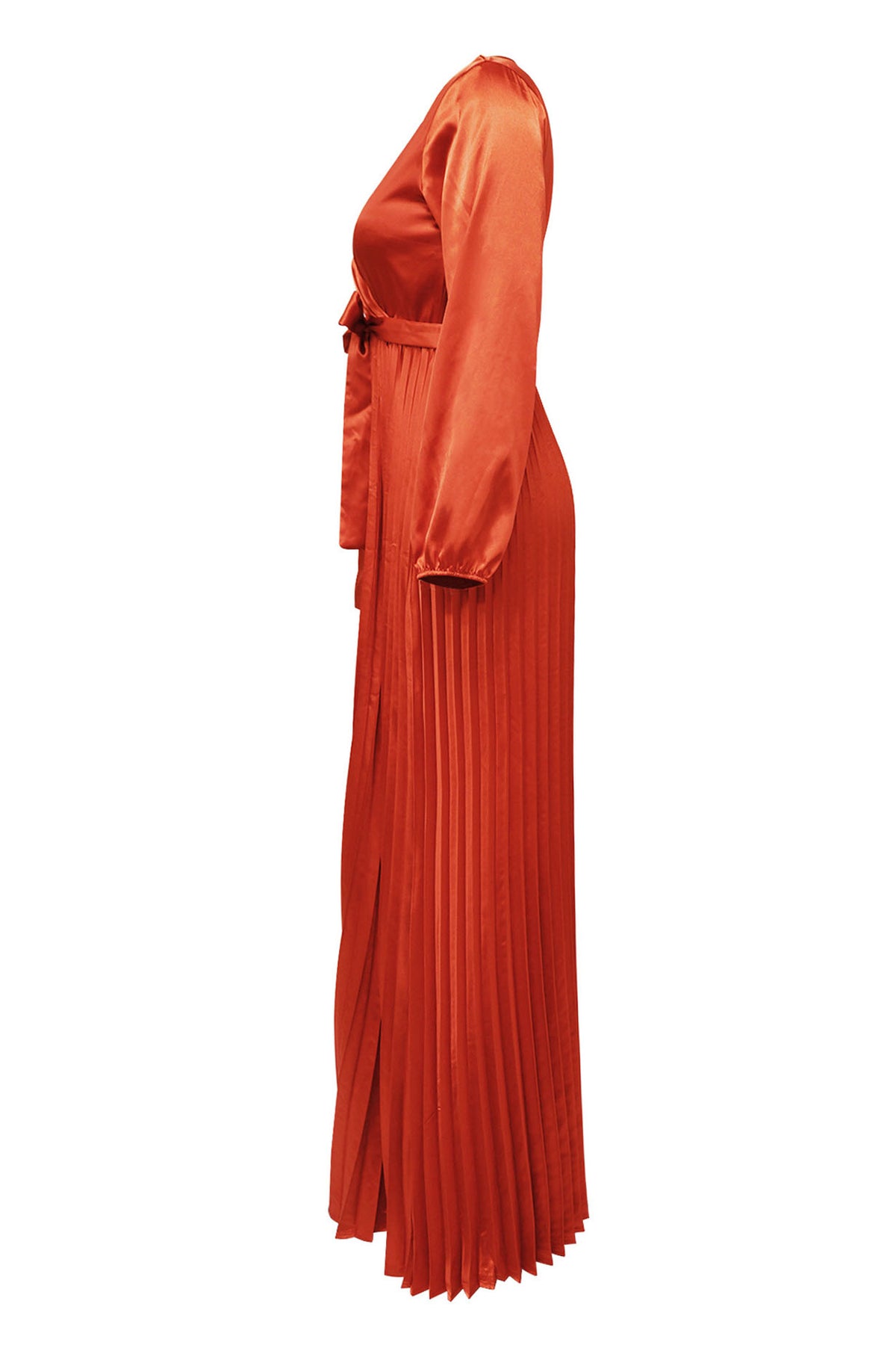 Faux Silk Pleated Tie-Waist Maxi Dress