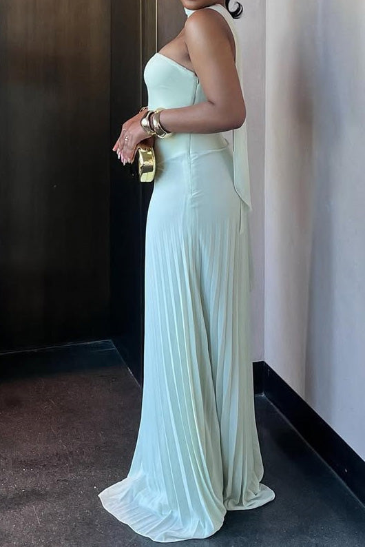 Strapless High Waist Pleated Maxi Dress