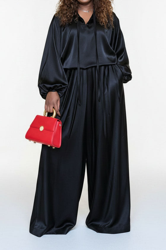 Drawstring Top & Wide Leg Pants Set