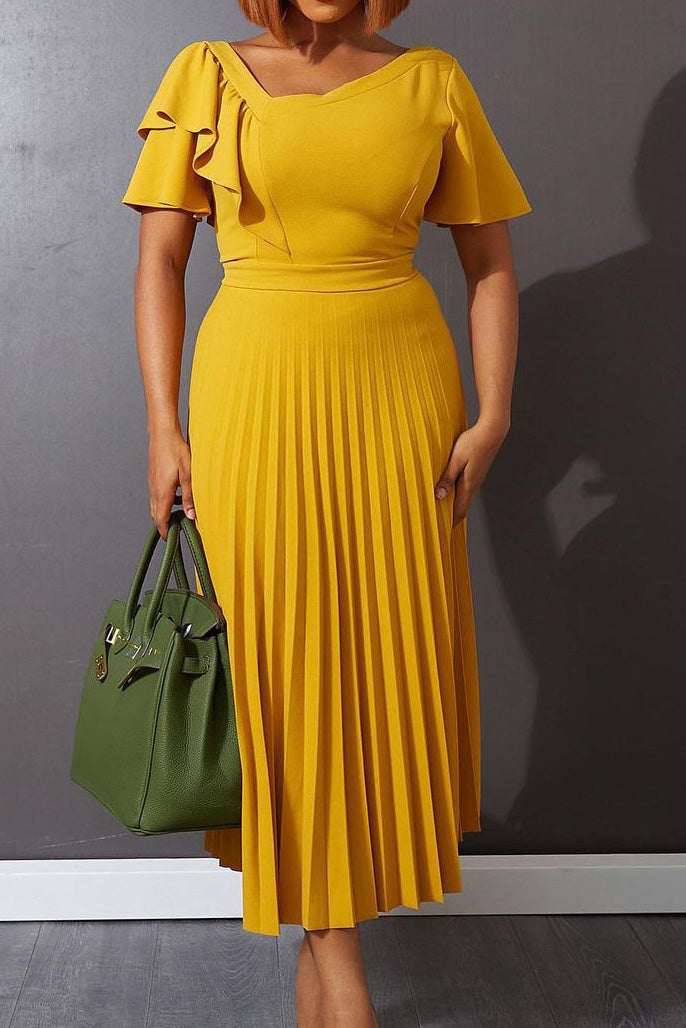 Pleated Flounce Sleeve Slim Fit Dress