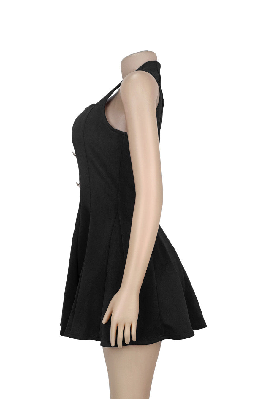 Square Neck Button Front Pleated Mini Dress