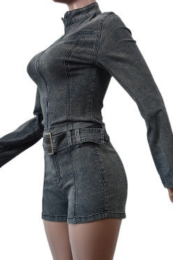 Washed Denim Zip Up Top & Shorts Set