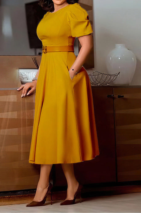 Puff-Sleeve Belted A-Line Midi Dress
