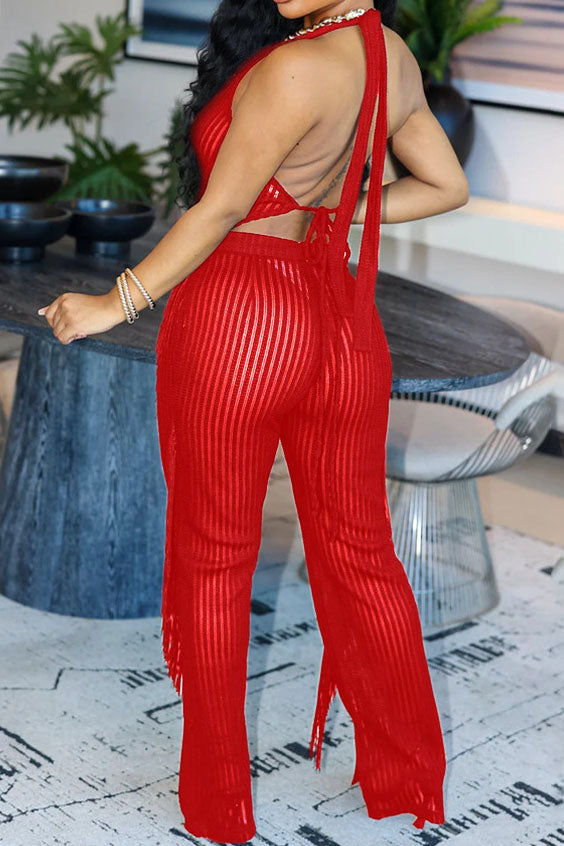 Sleeveless Backless Top Loose Pants Tassel Set