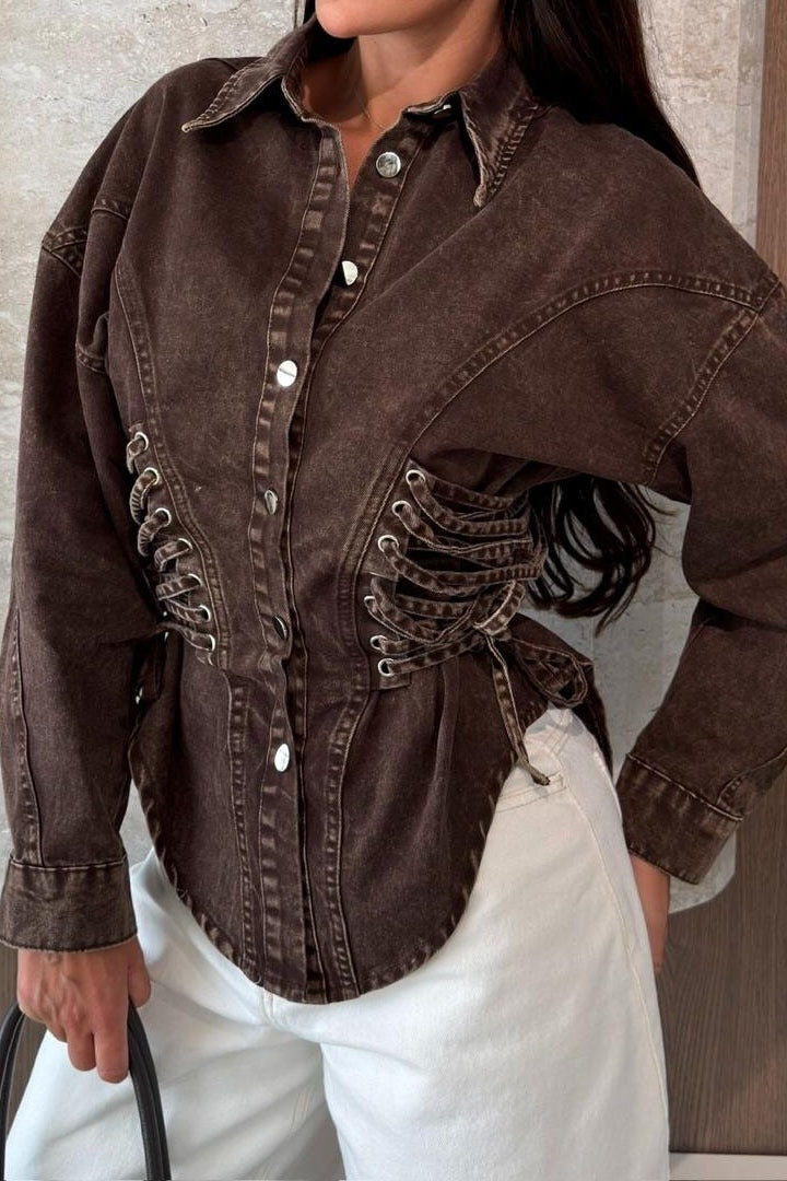 Lace-Up Waist Denim Shirt
