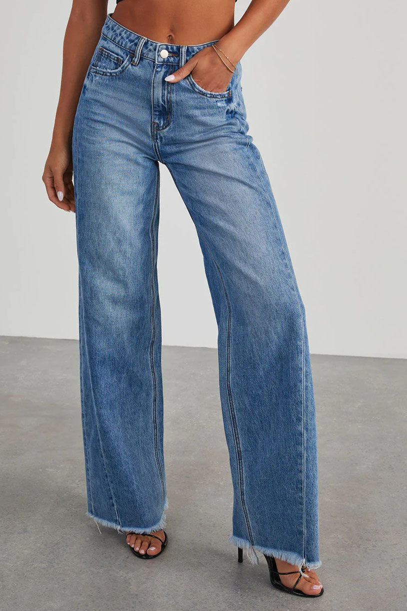 High Waisted Frayed Hem Denim Pants