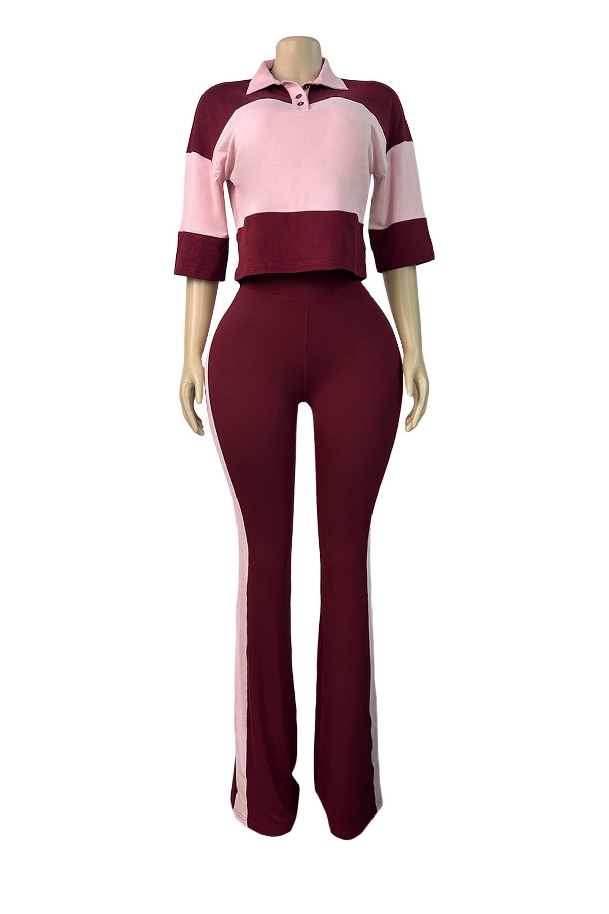 Collared Top & Flare Pants Two-Piece Set