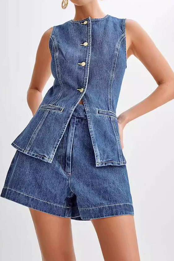 Denim Button-Up Vest & Shorts Set