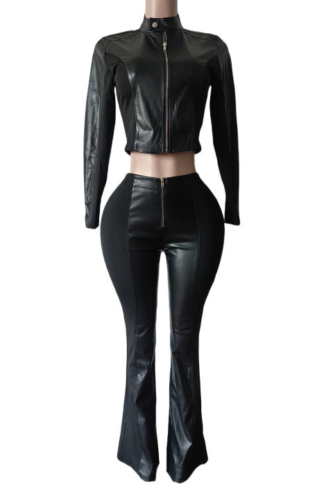 PU Leather Long Sleeve Top and Pants Set