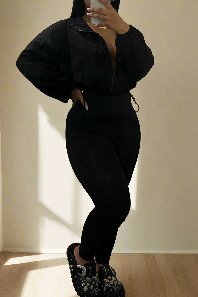 Zip Up Drawstring Pants Sets