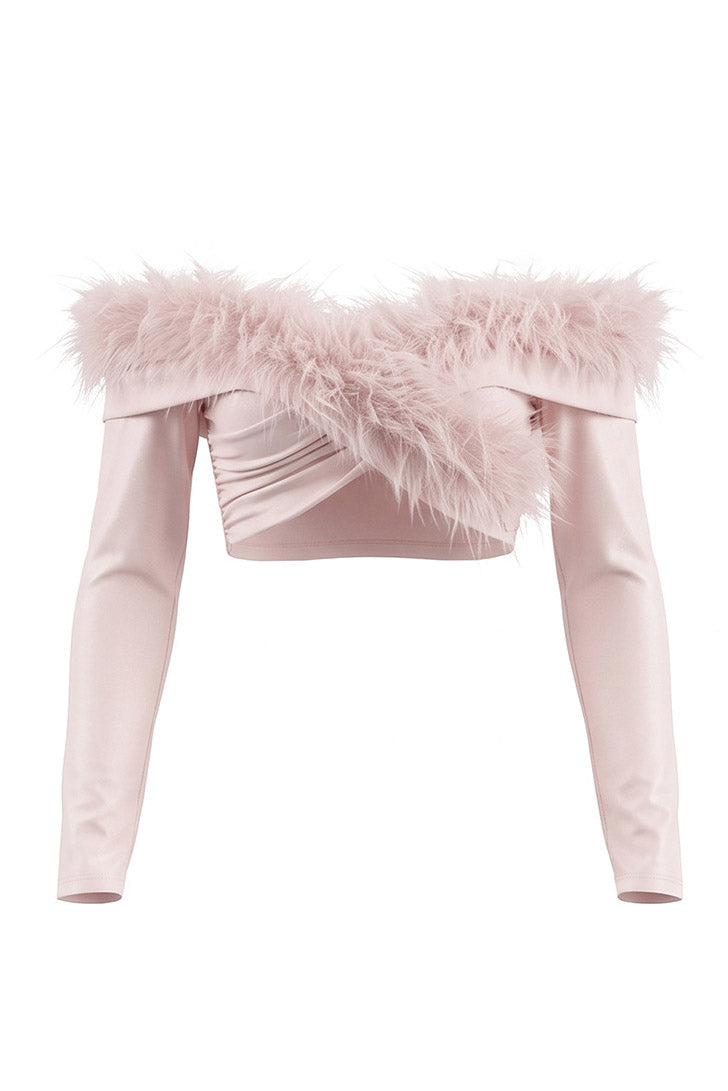 Feather-Effect Off-Shoulder Twist Crop Top