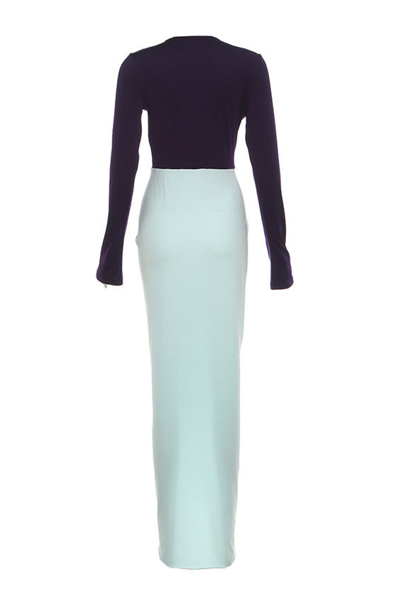 Deep V Neck Long Sleeve Slit Maxi Dress
