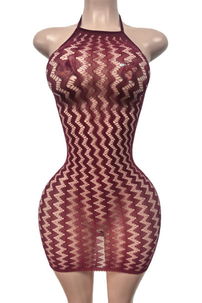 Sheer Zig-Zag Halter Bodycon Mini Dress