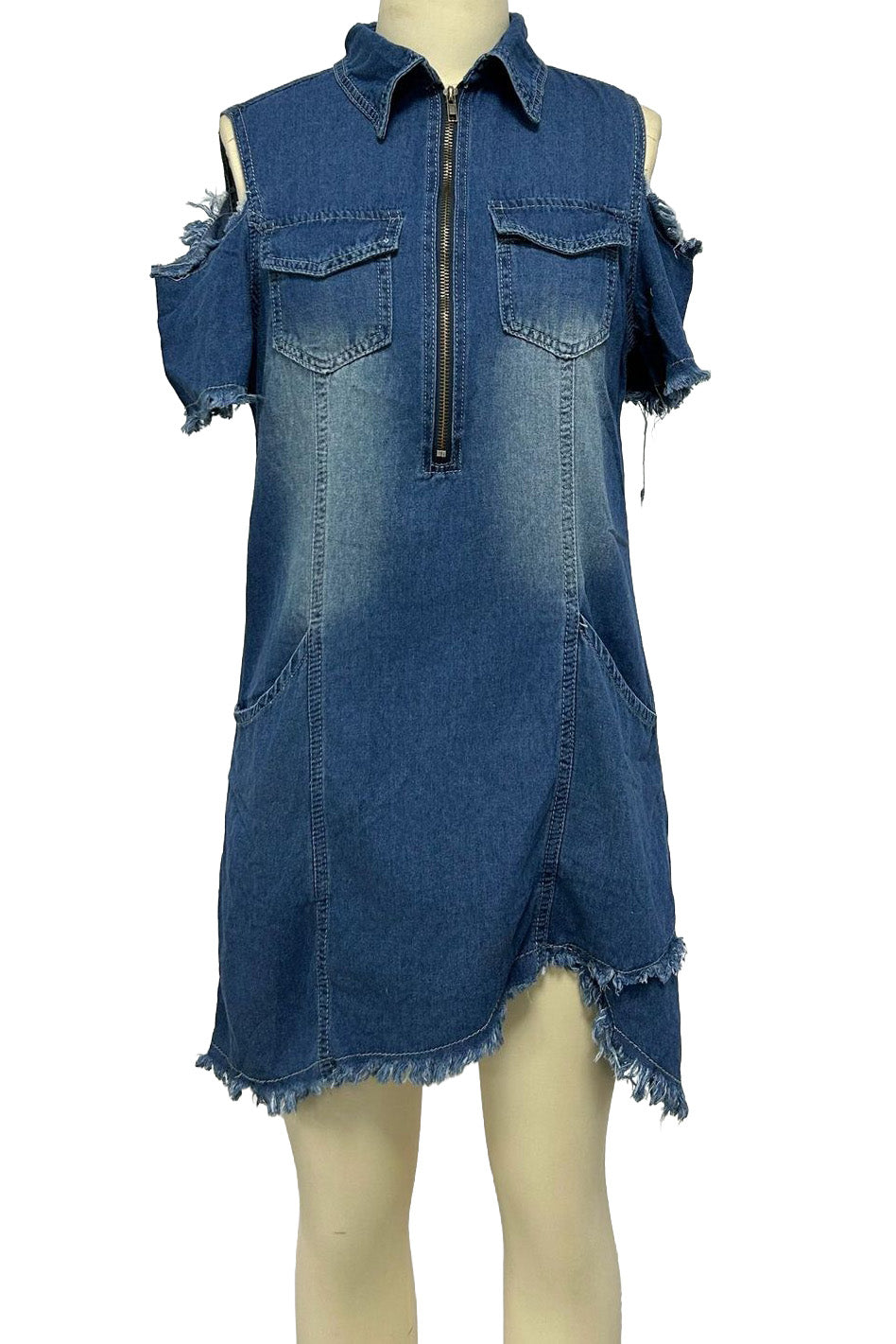 Cold Shoulder Zip Front Denim Mini Dress