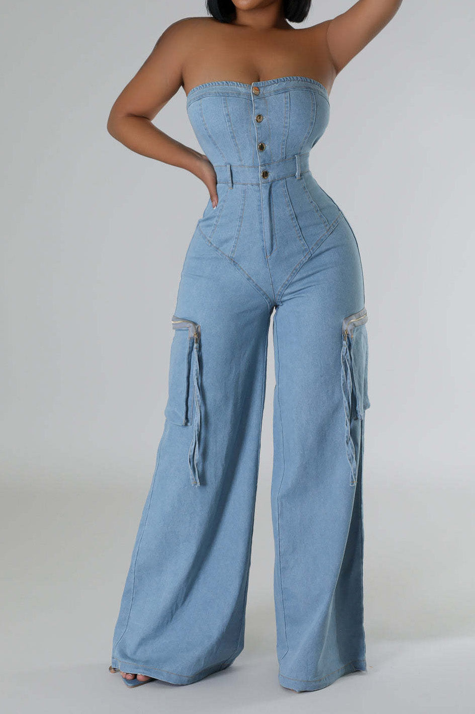 Slim Fit Strapless Denim Jumpsuit
