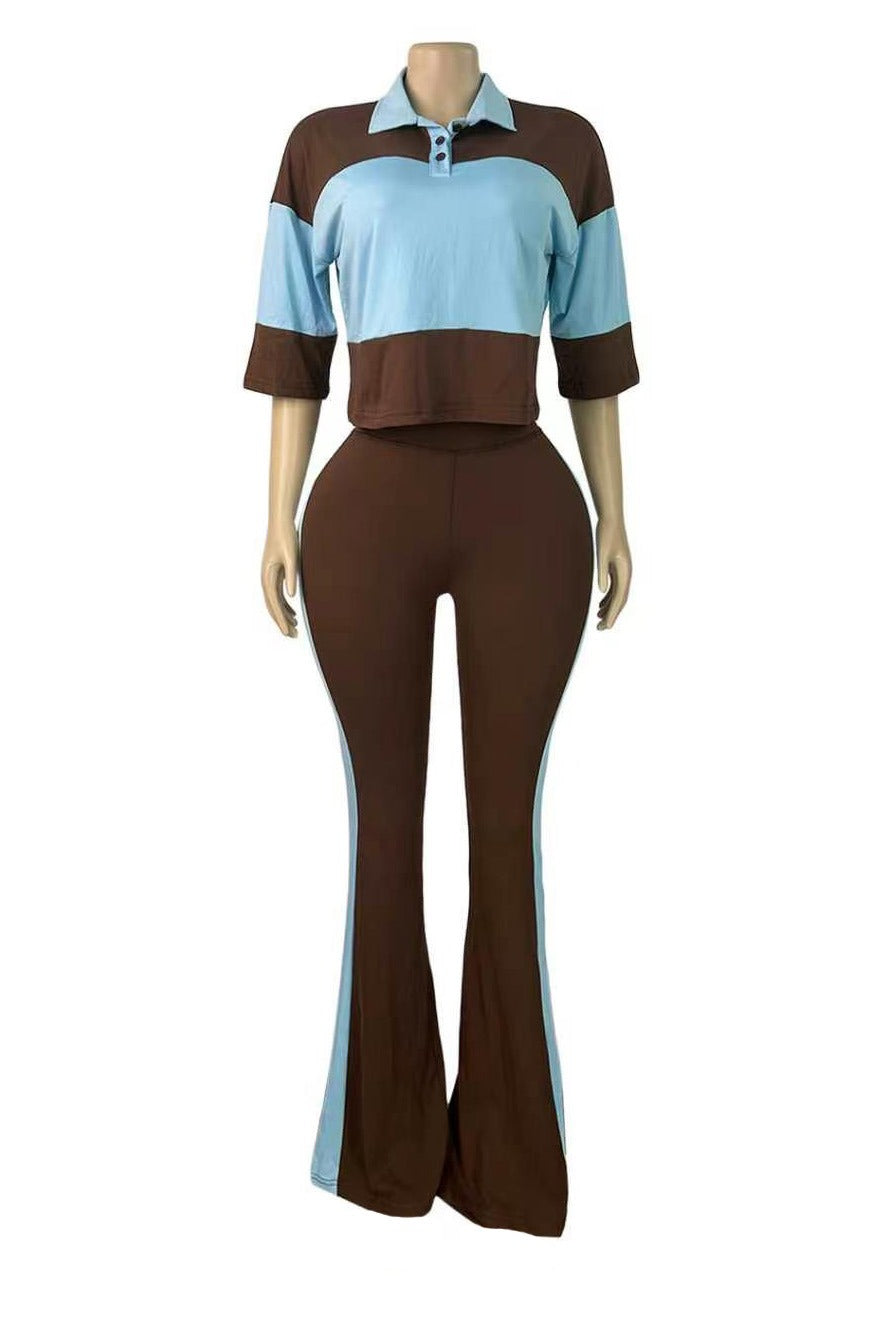 Collared Top & Flare Pants Two-Piece Set