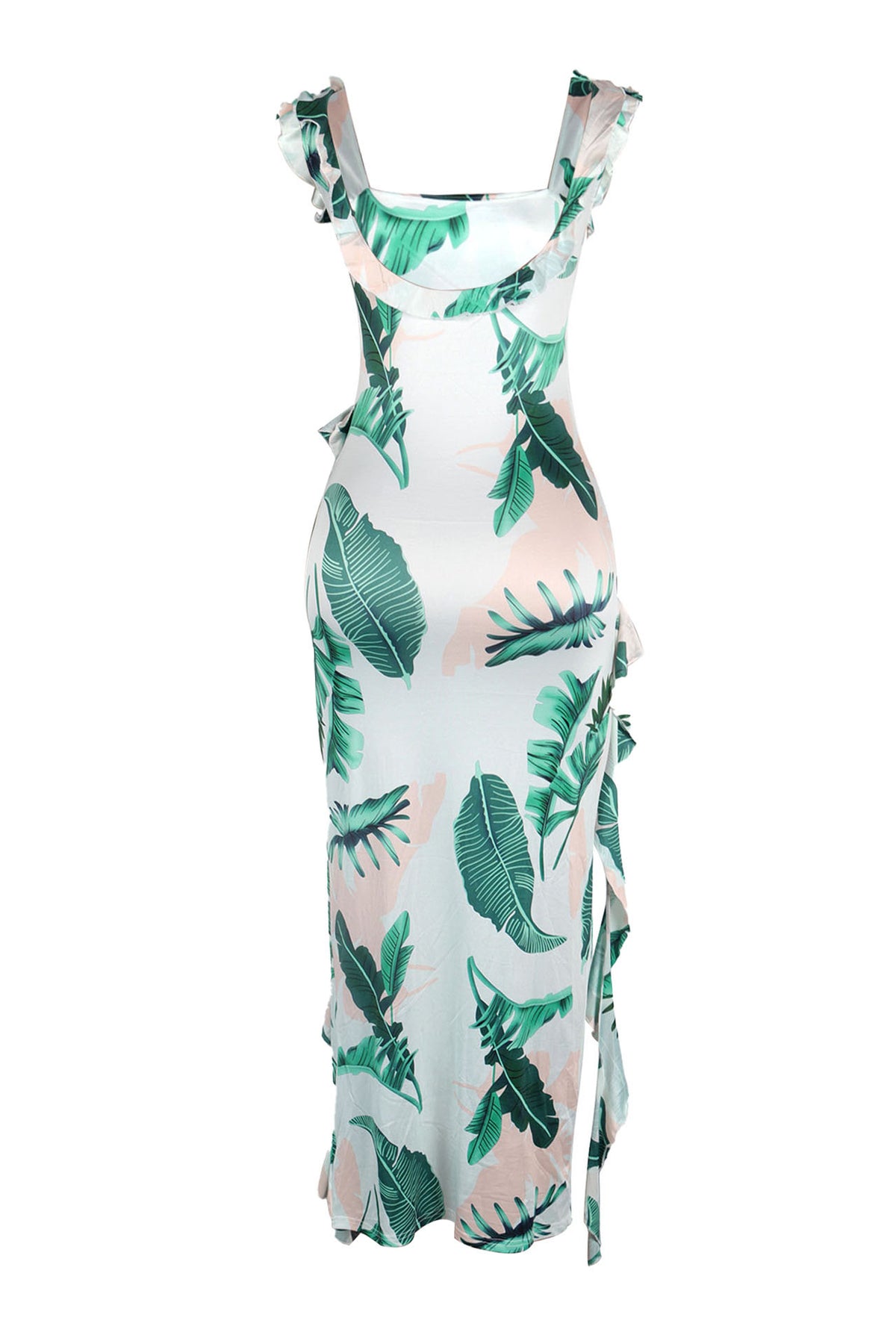 Long Strapless Dress With Slits and Tropical Print