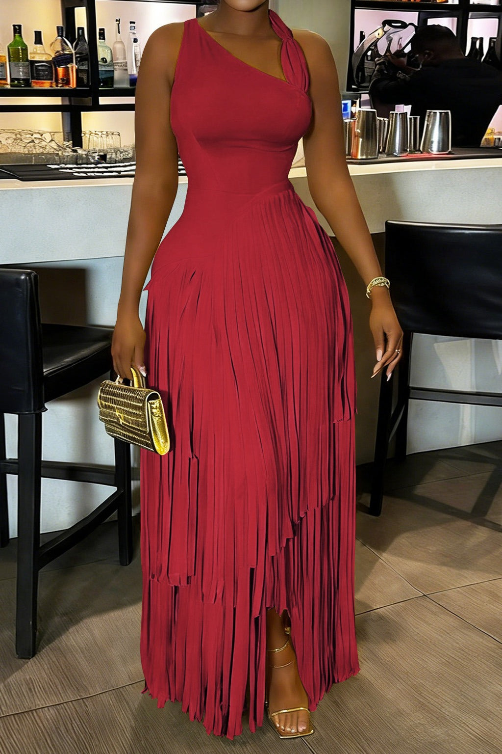 Asymmetrical Fringe Party Maxi Dress