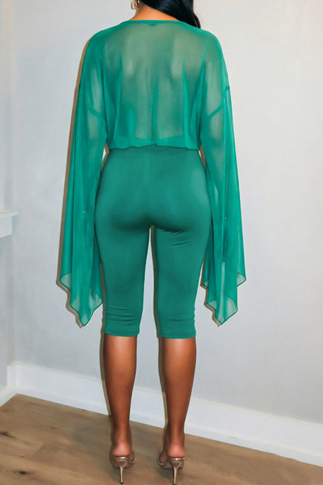 Cowl-Neck Mesh Top & Capri Pants Set