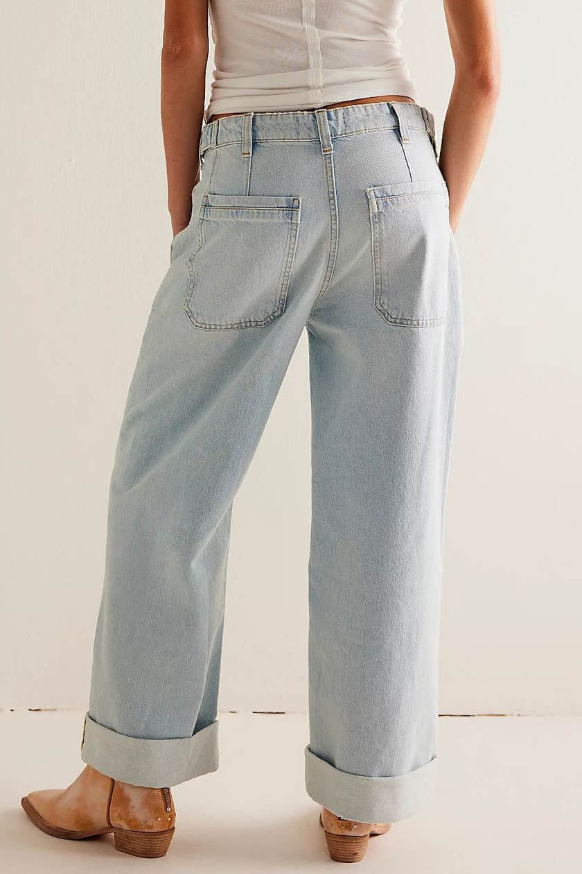 Washed Wide Leg Cuffed Jeans