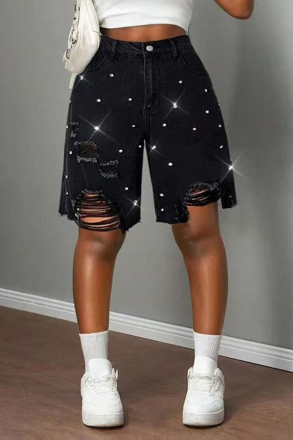 Rhinestone Distressed Denim Bermuda Shorts