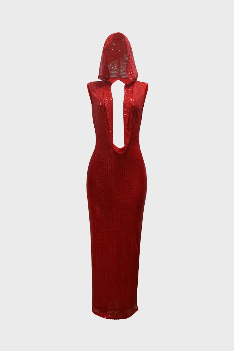 Hooded Sleeveless Sequins Mesh Maxi Dress
