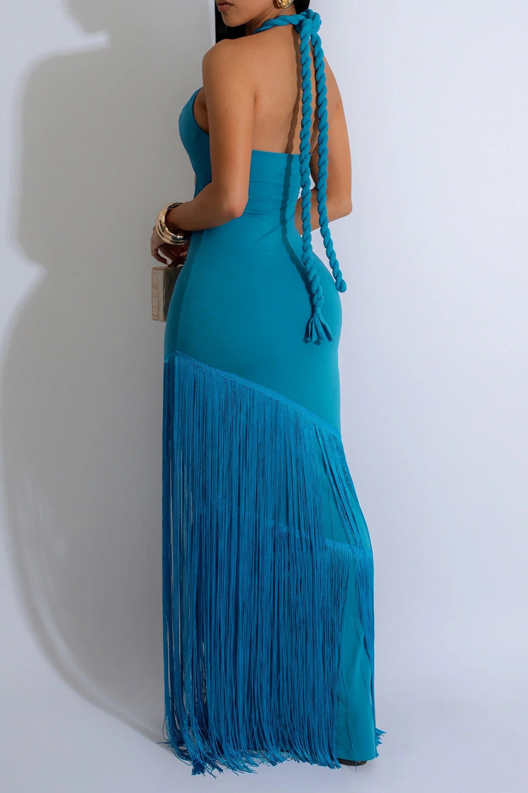 Halter Cutout Fringe Maxi Dress