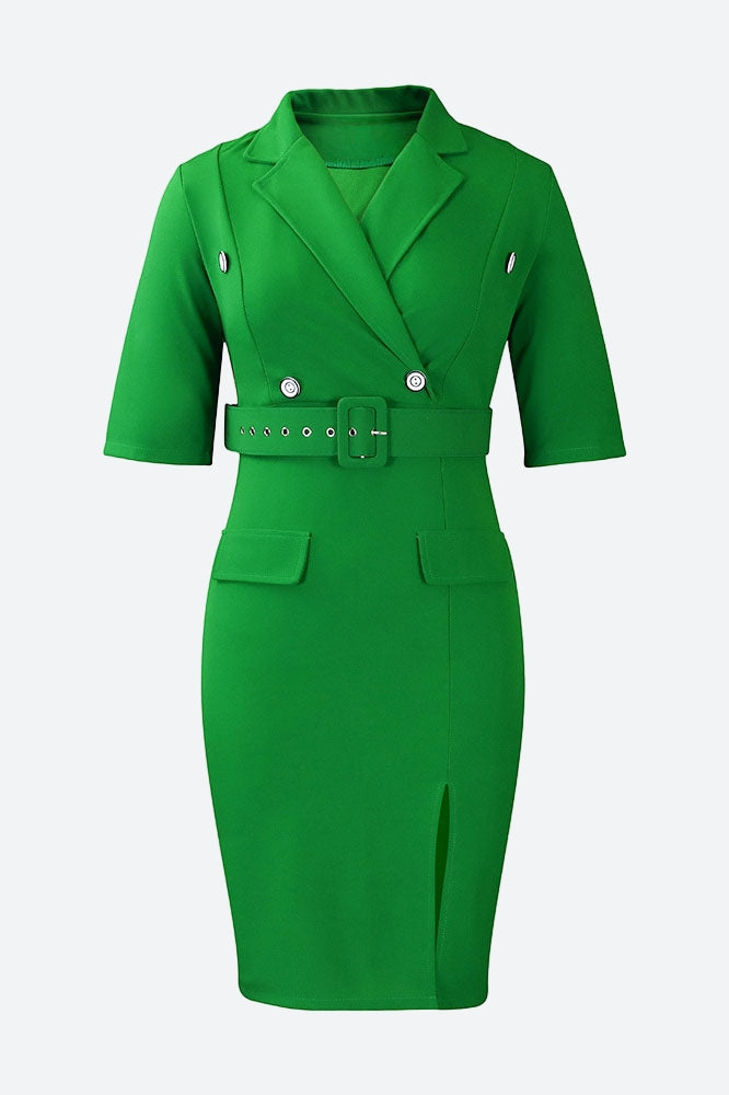 Solid Color Button Lapel Tight Dress